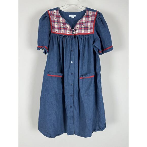 Go Softly Patio Dresses & Skirts - Go Softly Patio Dress Apple Embroidered Blue Relaxed Fit Snaps L